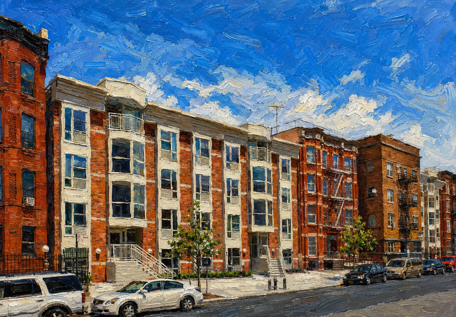Painterly view of a row of brick affordable-housing buildings under a bright cloud-streaked sky