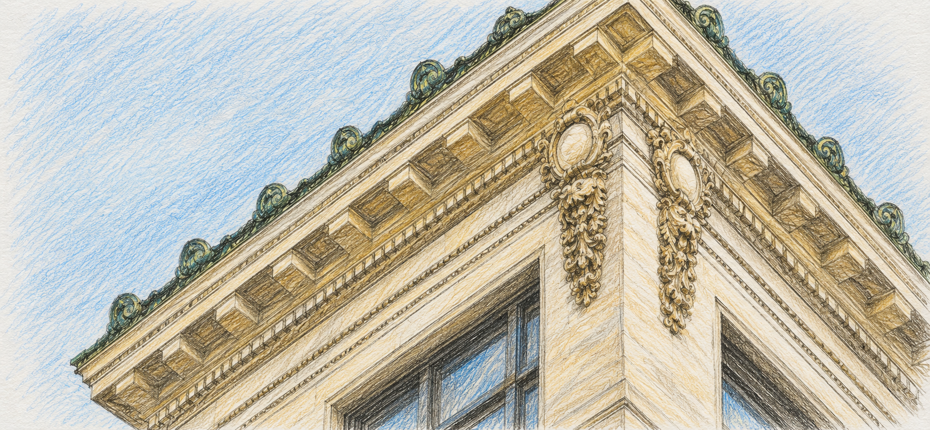 Colored-pencil architectural drawing of an ornate Beaux-Arts building cornice and corner detail against a blue sky