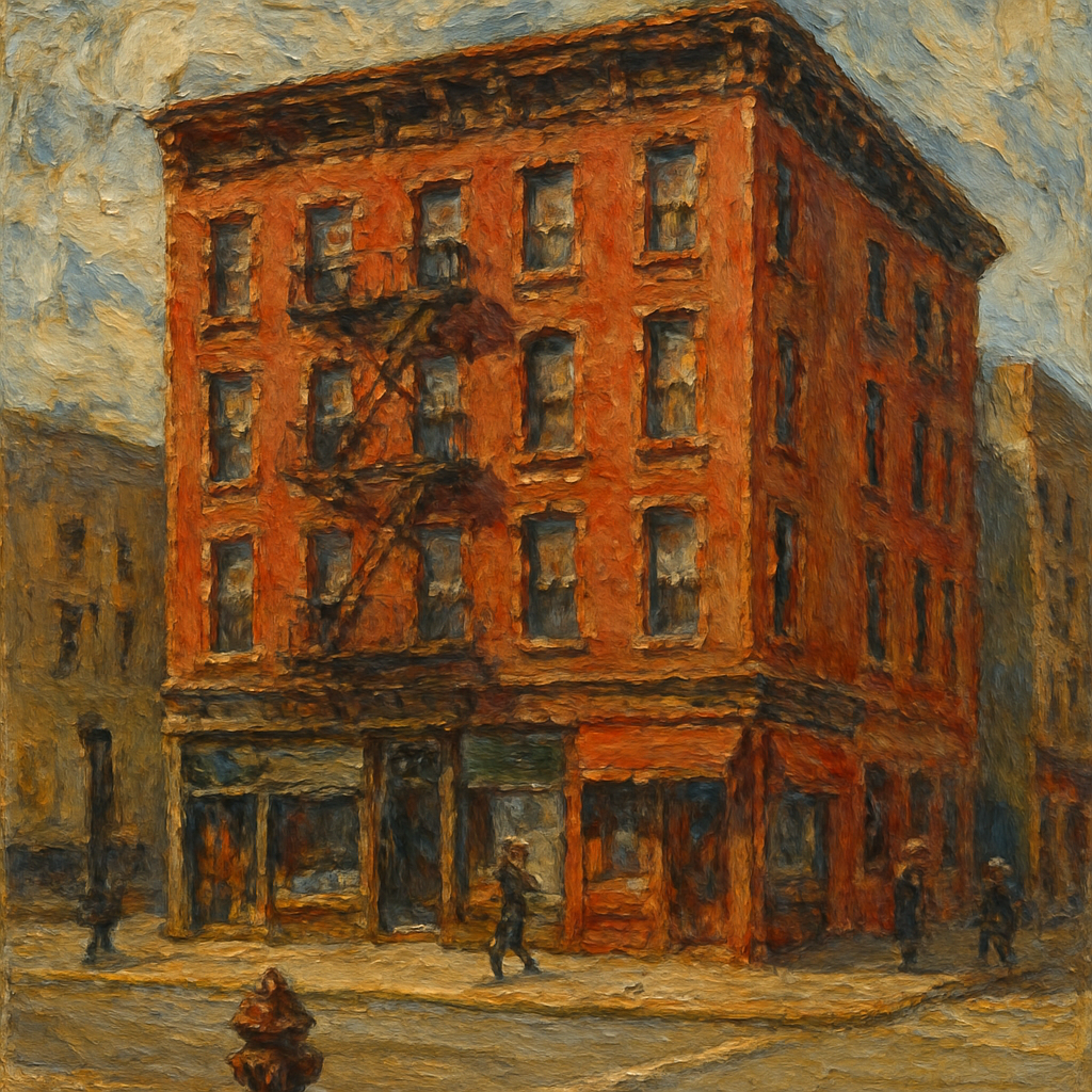 Impressionist oil painting of a Brooklyn rent-stabilized apartment building with storefronts at street level