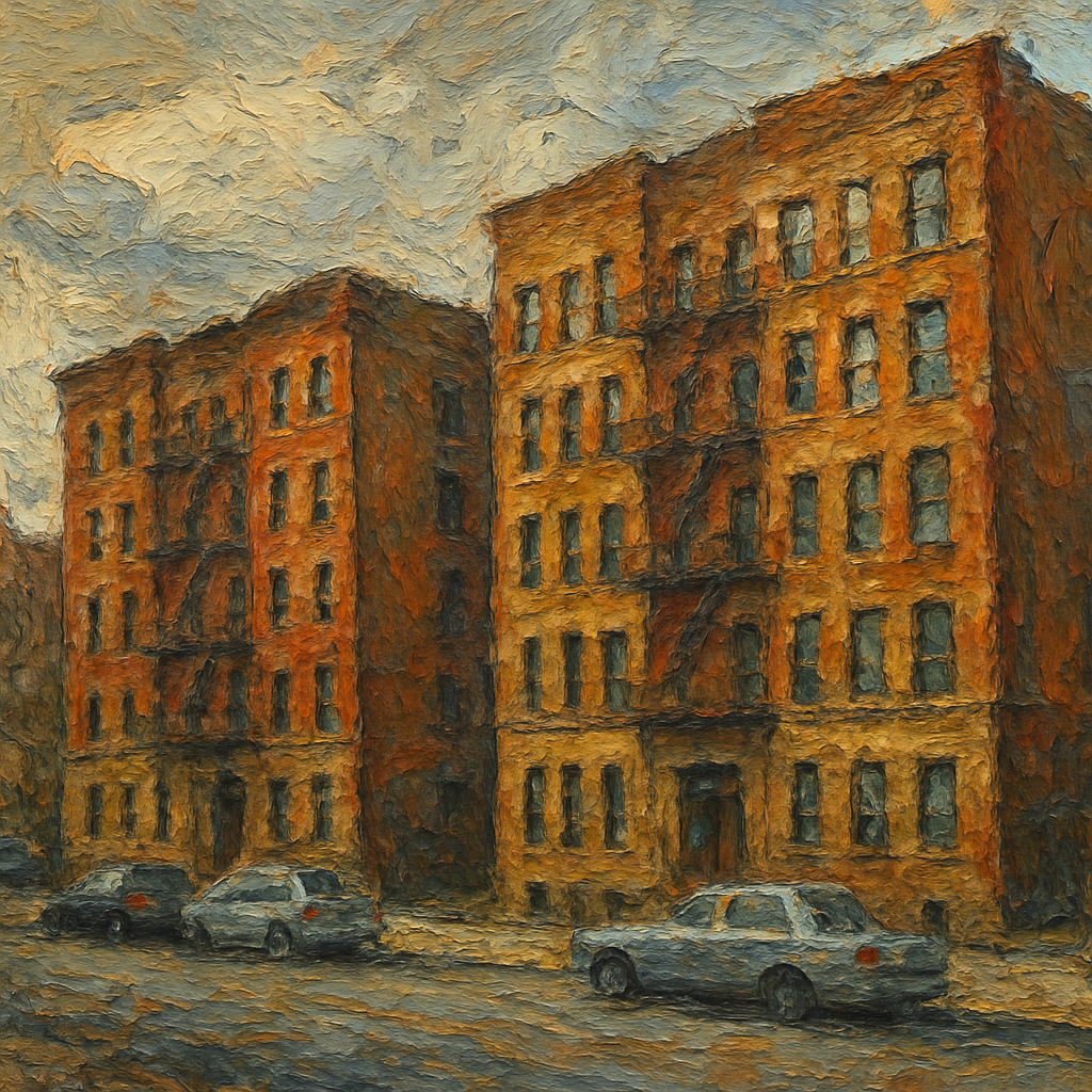 Impressionist oil painting of a row of pre-1974 rent-stabilized brick apartment buildings in the Bronx on an overcast day